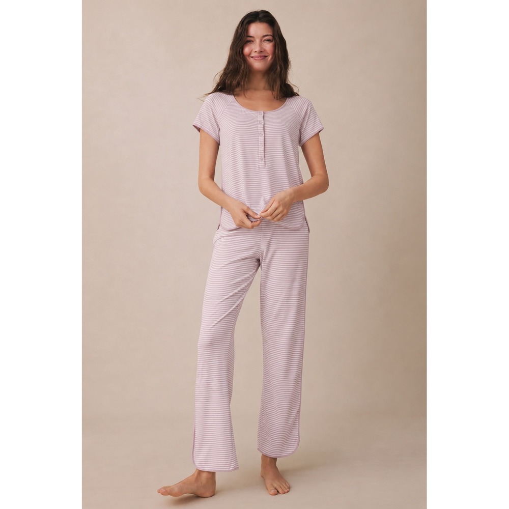 LAKE Pajamas Pima Cotton Short-Long Set Rose Pink Striped Henley Womens Medium